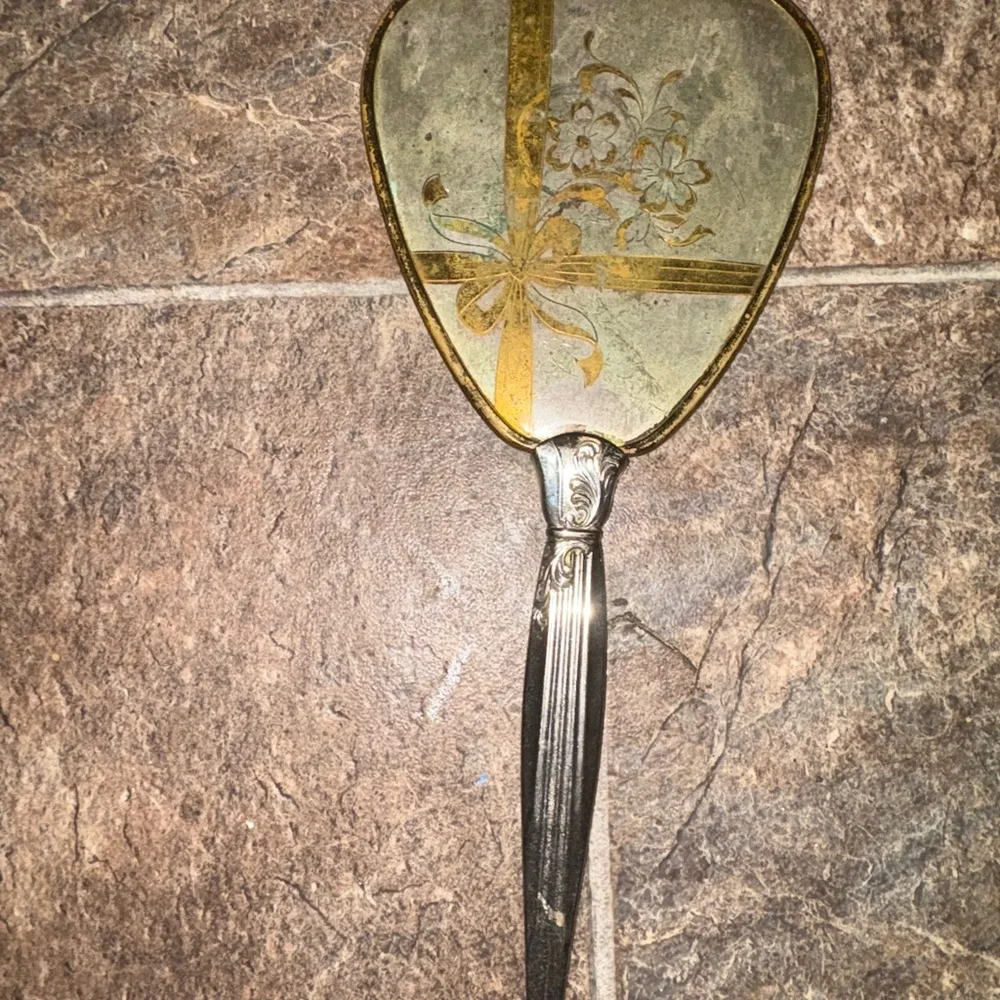 Vintage Handheld Mirror with Gold Accents